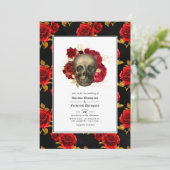 Bloemrijke Schedel QR Code RSVP Gotische Bruiloft Kaart (Staand voorkant)