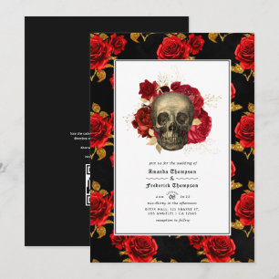 Bloemrijke Schedel QR Code RSVP Gotische Bruiloft Kaart