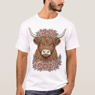 Bloemrijke Schotse Hoogland Koe Vintage Gravure Sh T-shirt