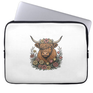 Bloemrijke Schotse Hooglandkoe Vintage Gravure Des Laptop Sleeve