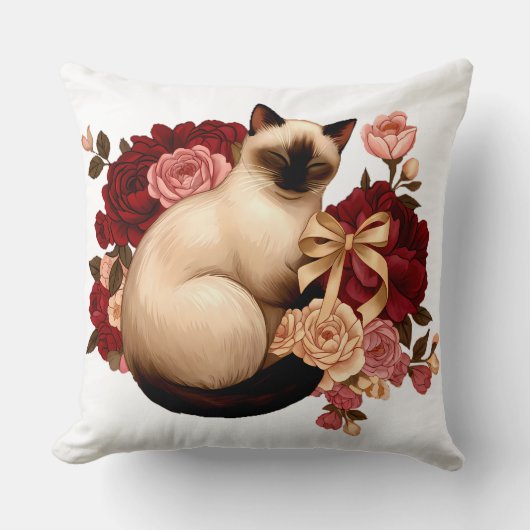 Bloemrijke Sereniteit: Opgerolde Siamese Kat in Bl Kussen (Voorkant)