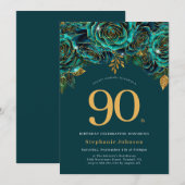 Bloemrijke Smaragdgroene en Gouden 90e Verjaardag Kaart (Voorkant / Achterkant)