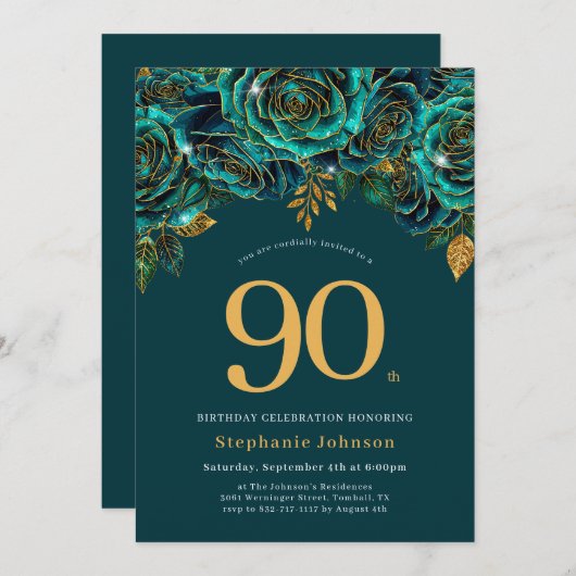 Bloemrijke Smaragdgroene en Gouden 90e Verjaardag Kaart (Voorkant / Achterkant)