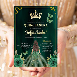 Bloemrijke Smaragdgroene Gouden Vlinder Quinceaner Folie Uitnodiging