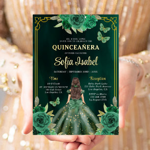 Bloemrijke Smaragdgroene Gouden Vlinder Quinceaner Folie Uitnodiging