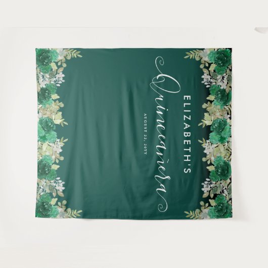 Bloemrijke Smaragdgroene Verjaardag Quinceanera Fo Wandkleed (Voorkant (horizontaal))