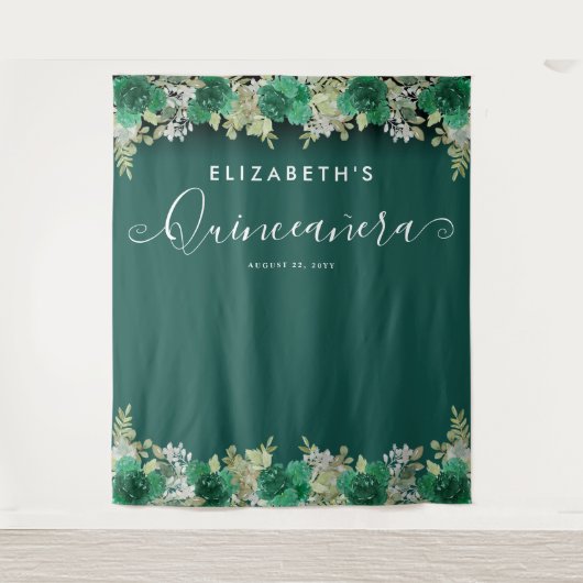Bloemrijke Smaragdgroene Verjaardag Quinceanera Fo Wandkleed (Voorkant)