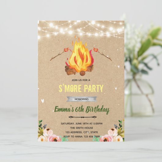 Bloemrijke s'more vreugdevuur bbq-feest kaart (Staand voorkant)