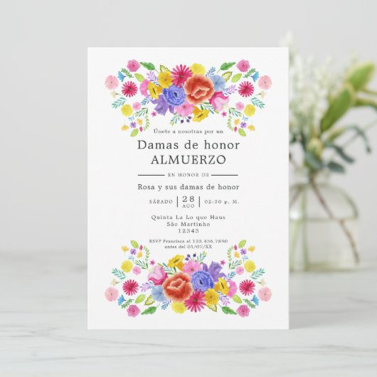 Bloemrijke Spaanse Fiesta Bruidsmeisjes Luncheon Kaart (Staand voorkant)