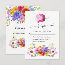 Bloemrijke Spaanse Fiesta Quinceañera RSVP Kaartje