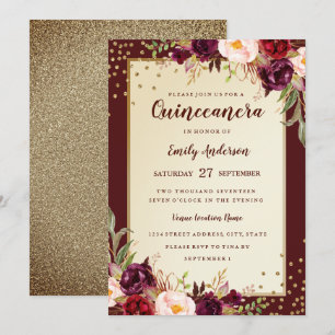 Bloemrijke Sparkle Burgundy Gouden Quinceanera Uit Kaart