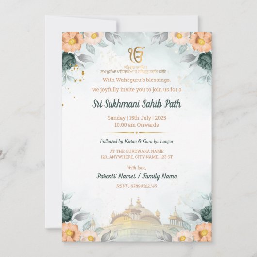 Bloemrijke Sri Sukhmani Sahib Path Uitnodiging (Voorkant)