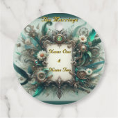 Bloemrijke Steampunk Trouwfeest Groen en Zilver Bedankjes Labels (Achterkant)