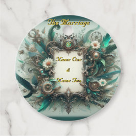 Bloemrijke Steampunk Trouwfeest Groen en Zilver Bedankjes Labels