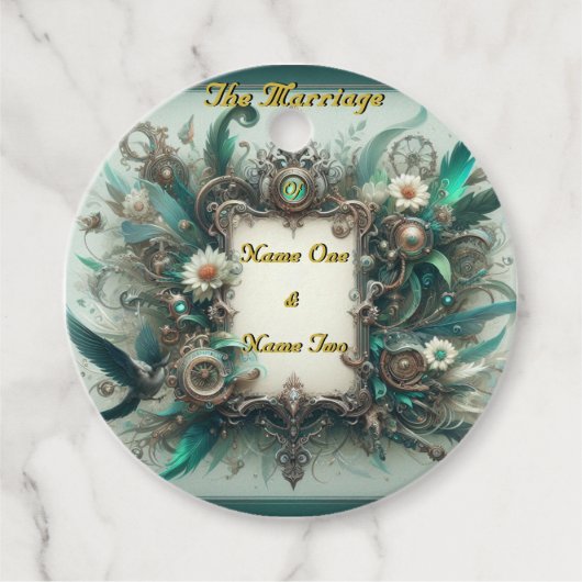 Bloemrijke Steampunk Trouwfeest Groen en Zilver Bedankjes Labels (Voorkant)