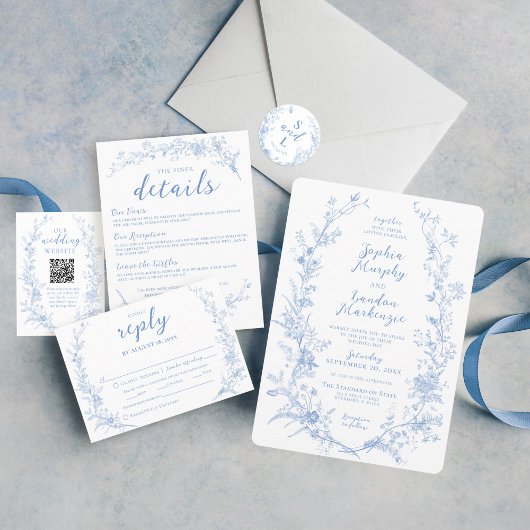 Bloemrijke Stoffige Blauw Elegante Huwelijksgunst Ronde Sticker