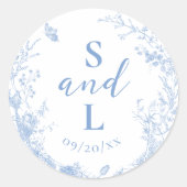 Bloemrijke Stoffige Blauw Elegante Huwelijksgunst Ronde Sticker (Voorkant)