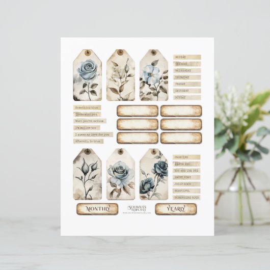 Bloemrijke Stoffige Blauwe Rozen Ephemera Set (Staand voorkant)