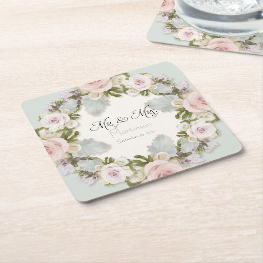 Bloemrijke Succulent Roos Bladzijde Mr en Mrs Wedd Kartonnen Onderzetters (Schuin)