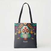 Bloemrijke Suiker Schedel Dag van de Doden Zwart Tote Bag (Voorkant)