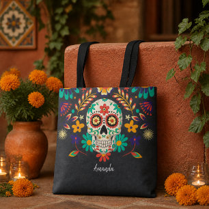 Bloemrijke Suiker Schedel Dag van de Doden Zwart Tote Bag