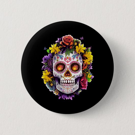 Bloemrijke Suiker Schedel Dag Van De Overheidsinst Ronde Button 5,7 Cm (Voorkant)