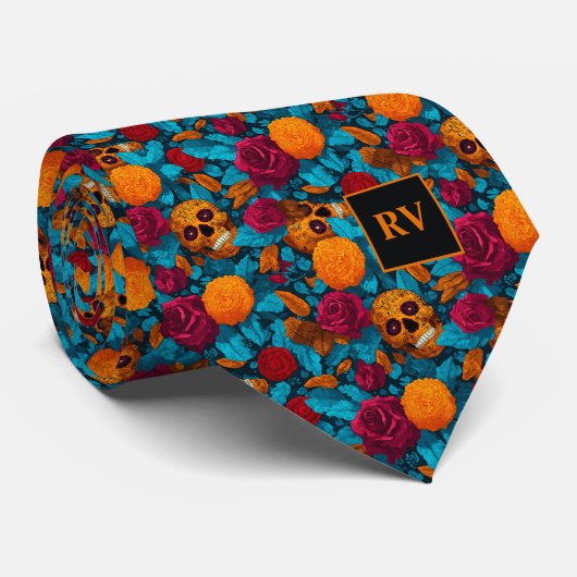 Bloemrijke suikerschedels in rood en turquoise stropdas (Opgerold)