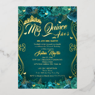 Bloemrijke Teal Gouden Rol Mis Quince Quinceanera Folie Uitnodiging