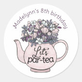 Bloemrijke Theepot Meisjesachtig Thee Feestje Verj Ronde Sticker (Voorkant)