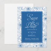 Bloemrijke toile Franse blauwe chinoiserie bruilof Save The Date (Voorkant / Achterkant)
