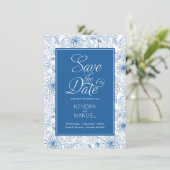 Bloemrijke toile Franse blauwe chinoiserie bruilof Save The Date (Staand voorkant)