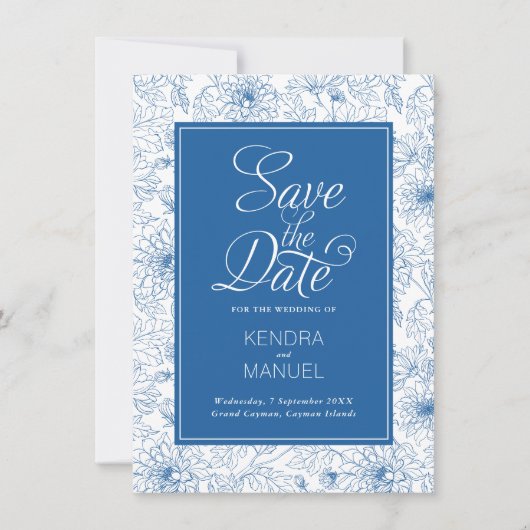 Bloemrijke toile Franse blauwe chinoiserie bruilof Save The Date (Voorkant)