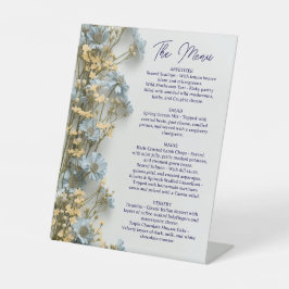 Bloemrijke trouwmenu, minimalistisch menu, elegant reclamebord met voetstuk