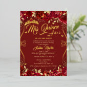 Bloemrijke Tuin Scroll Ruby Mis Quince Quinceanera Folie Uitnodiging (Staand Voorkant)