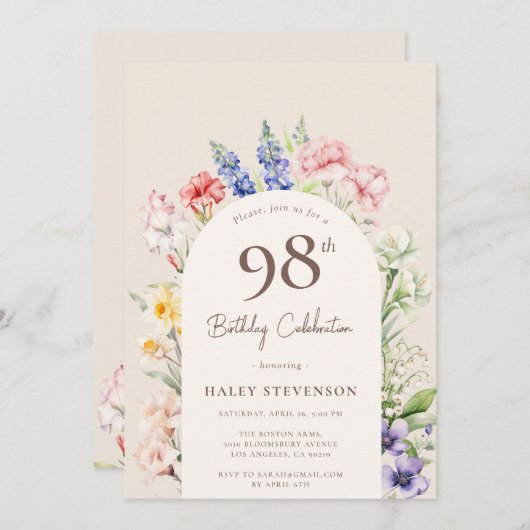 Bloemrijke Tuinboog Whimsical Beige 98e Verjaardag Kaart (Voorkant / Achterkant)