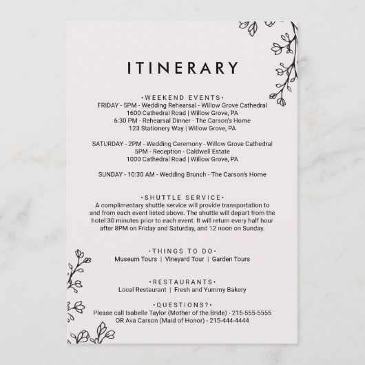 Bloemrijke typografie welkomstbrief & routebeschri programmakaart (Achterkant)