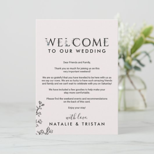 Bloemrijke typografie welkomstbrief & routebeschri programmakaart (Staand voorkant)