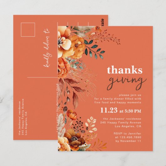 Bloemrijke uitnodiging voor Thanksgiving-diner (Voorkant / Achterkant)