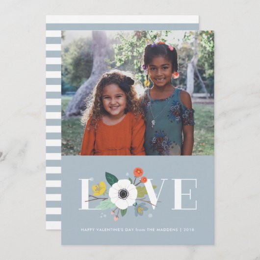 Bloemrijke Valentijnskaart - Stofblauw Feestdagenkaart (Voorkant / Achterkant)