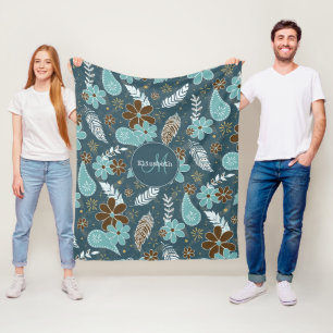 Bloemrijke vederachtige blauwgroen turquoise bruin fleece deken