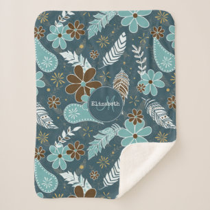 Bloemrijke vederachtige blauwgroen turquoise bruin sherpa deken