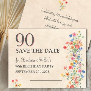 Bloemrijke verjaardagskaart 90 jaar elegant save the date