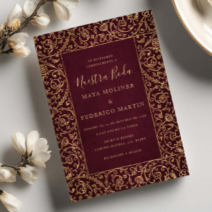 Bloemrijke Vintage Goud Bourgondië Nuestra Boda Tr Kaart