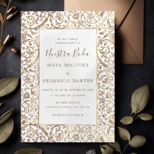 Bloemrijke Vintage Goud & Crème Nuestra Boda Trouw Kaart