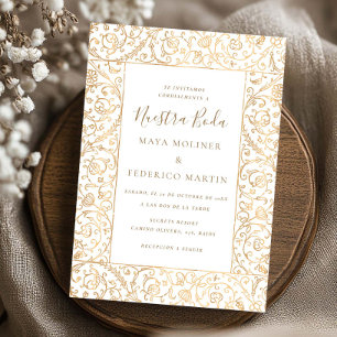 Bloemrijke Vintage Goud & Witte Nuestra Boda Trouw Kaart