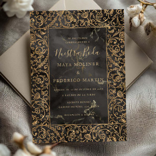 Bloemrijke Vintage Goud & Zwart Nuestra Boda Trouw Kaart