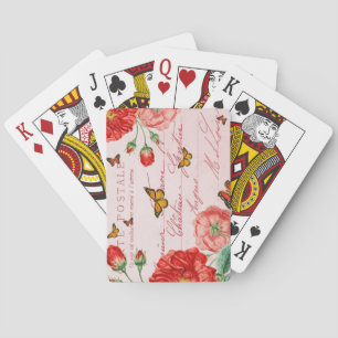 Bloemrijke vintage zomer speelkaarten met rode blo