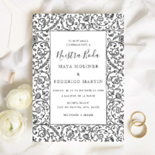 Bloemrijke Vintage Zwart & Wit Nuestra Boda Trouwe Kaart