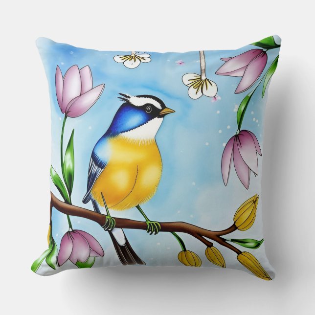 Bloemrijke Vogel Accent Kussen Cadeau voor Vogelli (Voorkant)