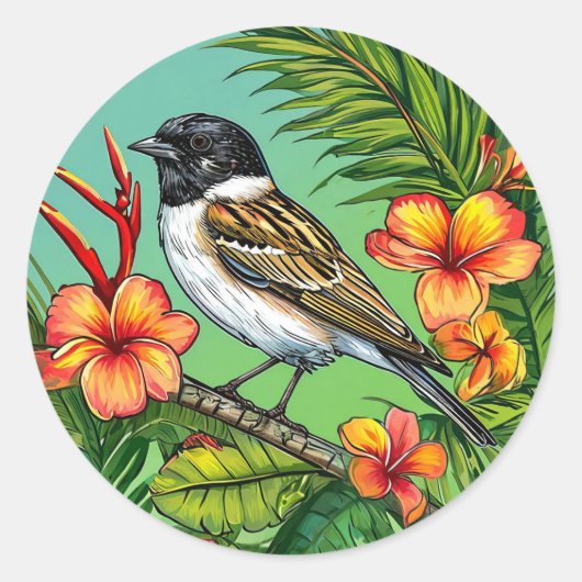 Bloemrijke Vogel Exotische Natuur Botanisch Decor Ronde Sticker (Voorkant)